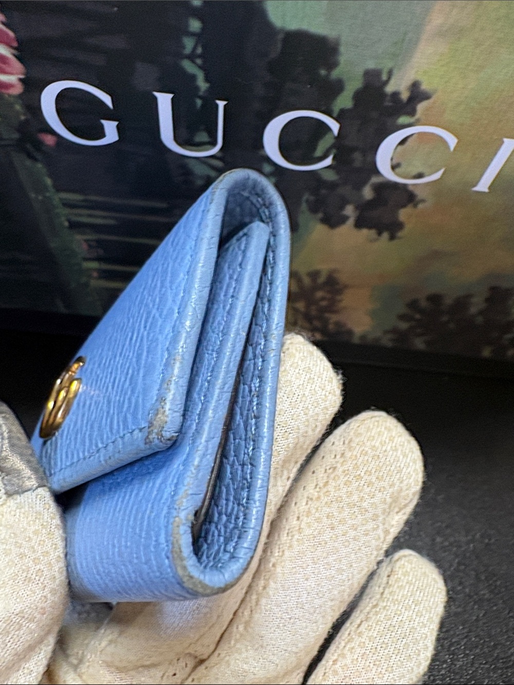 Gucci💙SkyBlue Pebbled Leather Key-holder Wallet W/Double G Gold -GUC - Picture 9 of 12